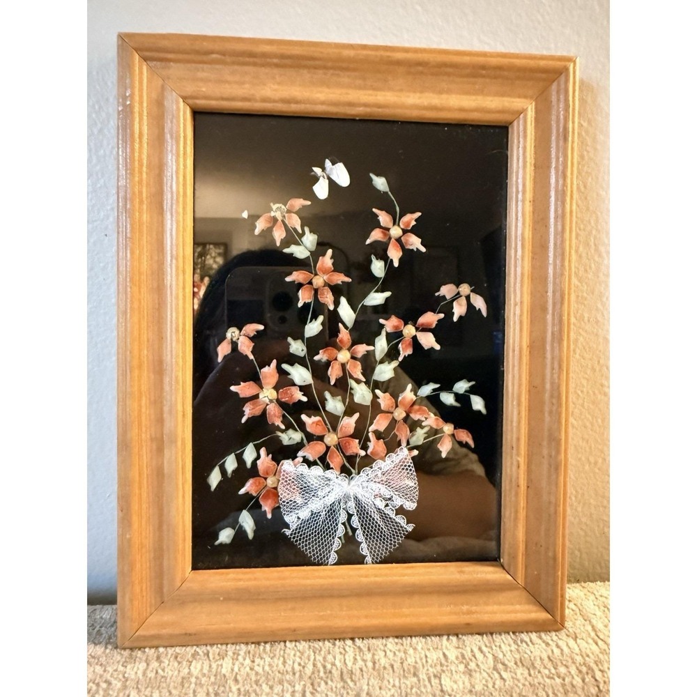 Vintage Micro Seashells Flower Art Framed MCM 8x6 Mosaic Bow Cottagecore Floral